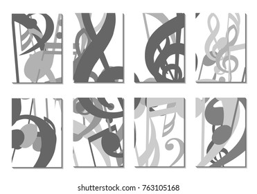 Musical Covers. Set of 8 Music Backgrounds with Notes, Bass and Treble Clefs. Cover Templates with Musical Signs for Cards,Posters, Brochures, Disks.