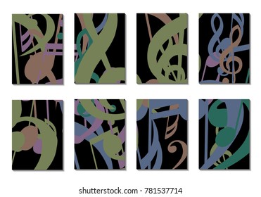 Musical Covers. Set of 8 Music Backgrounds with Notes, Bass and Treble Clefs. Cover Templates with Musical Signs for Cards,Posters, Brochures, Disks. Editable Backgrounds with Clipping Mask. Vector.