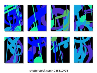 Musical Covers. Set of 8 Music Backgrounds with Notes, Bass and Treble Clefs. Cover Templates with Musical Signs for Cards,Posters, Brochures, Disks. Editable Backgrounds with Clipping Mask. Vector.