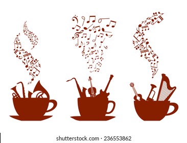 Musical cups of coffee with various instruments inside the cups and wafting steam composed of music notes, vector illustration