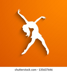 Musical dance party background. flyer or banner with paper cut out design of a dancing girl on orange background.