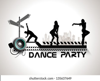 Musical dance party background. flyer or banner with silhouette of dancing girls on grey background.