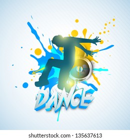 Musical dance party concept. flyer or banner with dancing boy on grungy colorful background.