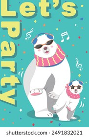 Musical dancing animals, celebration concert. Poster with cartoon dancing polar bears and colorful confetti. Perfect for invitation card, poster, birthday card, textiles and baby shower. 