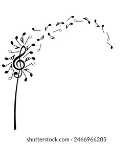 Musical dandelion with flying music notes, vector illustration.