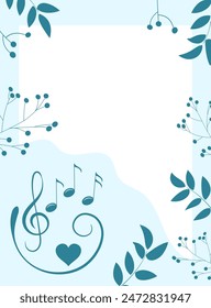 Musical decorative frame. Musical wave and leaves with berries on a blue background. Decorative colored frame with leaves and notes. Background for the certificate. 
