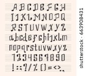 Musical decorative notes alphabet font hand mark music score abc typography glyph paper book vector illustration