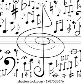 Musical decorative vector seamless pattern with the treble clef and handwritten musical symbols