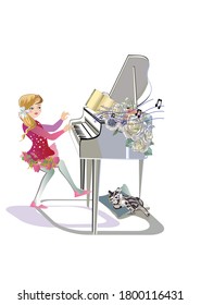 Musical design with a beautiful little girl singer playing the piano. Hand drawn vector illustration.