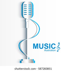 Musical design concept with white cut out paper stage microphone silhouette and notes icons isolated vector illustration