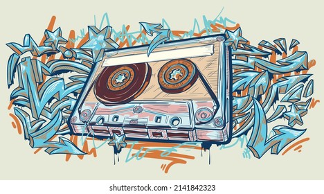 Musical design - drawn audio cassette and graffiti arrows street art