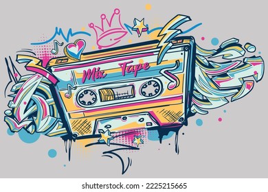 Musical design - drawn audio cassette and graffiti arrows street art