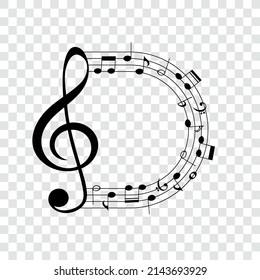 Musical design element, treble clef and music notes on rounded frame, vector illustration.