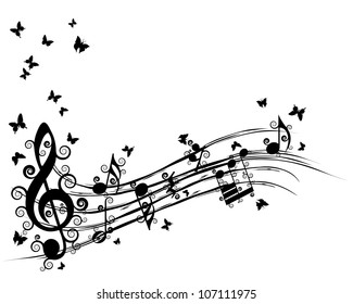 Musical Design Elements From Music Staff With Treble Clef, Swirls, Butterflies And Notes in Black and White Colors. Elegant Creative Design With Shadows and Isolated on White. Vector Illustration.