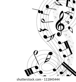 Musical Design Elements From Music Staff With Treble Clef And Notes in Black and White Colors. Elegant Creative Design With Shadows and Isolated on White. Vector Illustration.