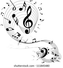 Musical Design Elements From Music Staff With Treble Clef And Notes in Black and White Colors. Elegant Creative Design With Shadows and Isolated on White. Vector Illustration.