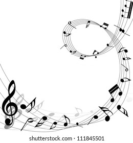 Musical Design Elements From Music Staff With Treble Clef And Notes in Black and White Colors. Elegant Creative Design With Shadows and Isolated on White. Vector Illustration.