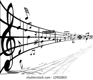 Musical Design Elements From Music Staff With Treble Clef And Notes in Black and White Colors. Elegant Creative Design With Shadows and Isolated on White. Vector Illustration.