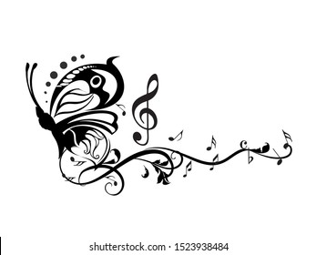 Musical Design Elements From Music Staff With Treble Clef, Swirls, Butterflies And Notes in Black and White Colors. Elegant Creative Design With Shadows and Isolated on White. Vector Illustration.
