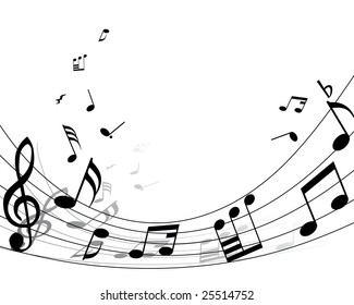 Musical Design Elements From Music Staff With Treble Clef And Notes in Black and White Colors. Elegant Creative Design With Shadows and Isolated on White. Vector Illustration.