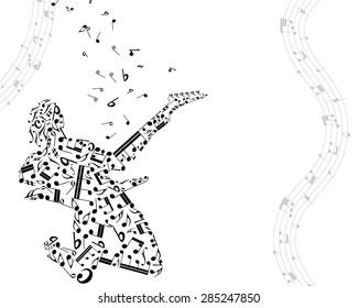 Musical Design Elements From Music Staff With Guitarist And Notes in Black and White Colors. Elegant Creative Design With Shadows and Isolated on White. Vector Illustration.