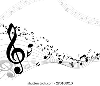 Musical Design Elements From Music Staff With Treble Clef And Notes in Black and White Colors. Elegant Creative Design With Shadows and Isolated on White. Vector Illustration.