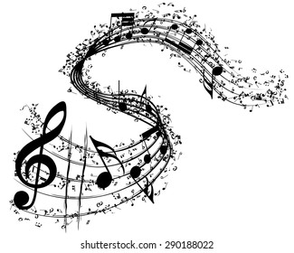 Musical Design Elements From Music Staff With Treble Clef And Notes in Black and White Colors. Elegant Creative Design With Shadows and Isolated on White. Vector Illustration.