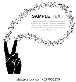 Musical Design Elements From Music Staff With Hand Sign Victory And Notes in Black and White Colors. Elegant Creative Design With Shadows and Isolated on White. Vector Illustration.