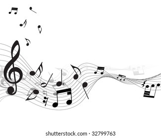 Musical Design Elements From Music Staff With Treble Clef And Notes in Black and White Colors. Elegant Creative Design With Shadows and Isolated on White. Vector Illustration.