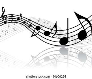 Musical Design Elements From Music Staff With Treble Clef And Notes in Black and White Colors. Elegant Creative Design With Shadows and Isolated on White. Vector Illustration.