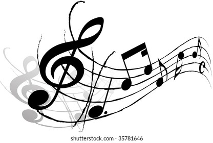 Musical Design Elements From Music Staff With Treble Clef And Notes in Black and White Colors. Elegant Creative Design With Shadows and Isolated on White. Vector Illustration.