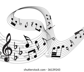 Musical Design Elements From Music Staff With Treble Clef And Notes in Black and White Colors. Elegant Creative Design With Shadows and Isolated on White. Vector Illustration.