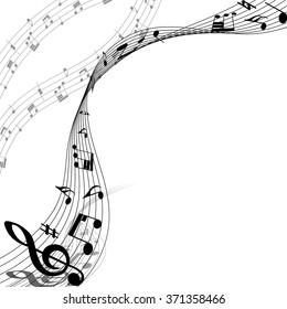 Musical Design Elements From Music Staff With Treble Clef And Notes in Black and White Colors. Elegant Creative Design With Shadows and Isolated on White. Vector Illustration.