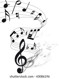 Musical Design Elements From Music Staff With Treble Clef And Notes in Black and White Colors. Elegant Creative Design With Shadows and Isolated on White. Vector Illustration.