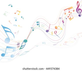 Musical Design Elements From Music Staff With Treble Clef And Notes in gradient transparent Colors. Vector Illustration.