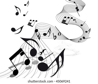 Musical Design Elements From Music Staff With  Notes in Black and White Colors. Elegant Creative Design With Shadows and Isolated on White. Vector Illustration.