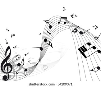 Musical Design Elements From Music Staff With Treble Clef And Notes in Black and White Colors. Elegant Creative Design With Shadows and Isolated on White. Vector Illustration.