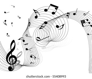 Musical Design Elements From Music Staff With Treble Clef And Notes in Black and White Colors. Elegant Creative Design With Shadows and Isolated on White. Vector Illustration.