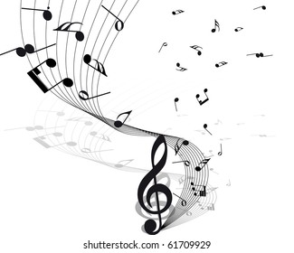Musical Design Elements From Music Staff With Treble Clef And Notes in Black and White Colors. Elegant Creative Design With Shadows and Isolated on White. Vector Illustration.