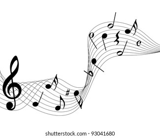 Musical Design Elements From Music Staff With Treble Clef And Notes in Black and White Colors. Elegant Creative Design With Shadows and Isolated on White. Vector Illustration.