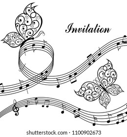 Musical design elements with treble clef, notes and butterflies in black and white style. Vector Illustration isolated on white background.