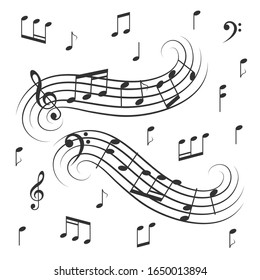 Musical design elements, treble clef, bass clef. Various music notes on stave, vector illustration