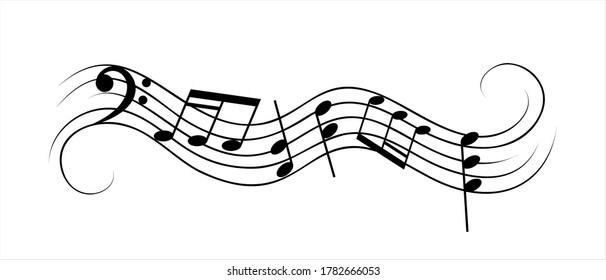 Musical design elements, treble clef, bass clef. Various music notes on stave, vector illustration