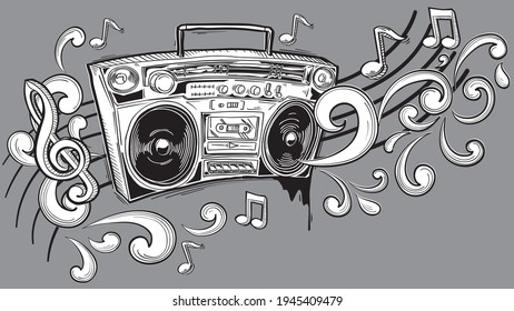 Musical design - funky monochrome drawn boom box and notes