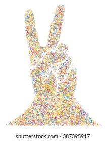 Musical Design From Multicolored Musical Notes Elements And Hand in Victory Gesture. Elegant Creative Design Isolated on White. Vector Illustration.