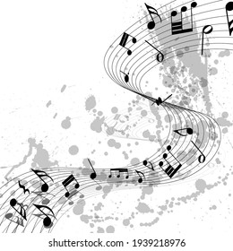 Musical Design From Music Staff Elements With Notes On Trasparent Grunge Background With Copy Space. Shadow With Transparency;  Elegant Creative Design Isolated on White. Vector Illustration.