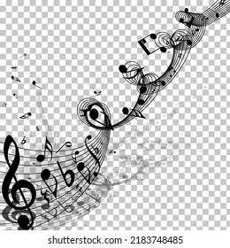 Diseño Musical A Partir De Elementos Del Personal De Música Con Treble Clef Y Notas Sobre El Fondo Transparente Grunge Con Espacio De Copia. Sombra Con Transparencia;  Elegante Diseño Creativo. Ilustración vectorial.