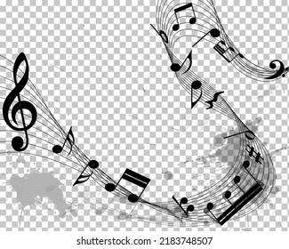 Musical Design From Music Staff Elements With Treble Clef And Notes On Transparent Grunge Background With Copy Space. Shadow With Transparency;  Elegant Creative Design. Vector Illustration.