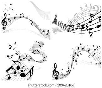 Musical Designs Sets With Elements From Music Staff , Treble Clef And Notes. Vector Illustration