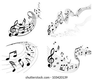 Musical Designs Sets With Elements From Music Staff , Treble Clef And Notes in Black and White Colors. Elegant Creative Design With Shadows and Isolated on White. Vector Illustration.